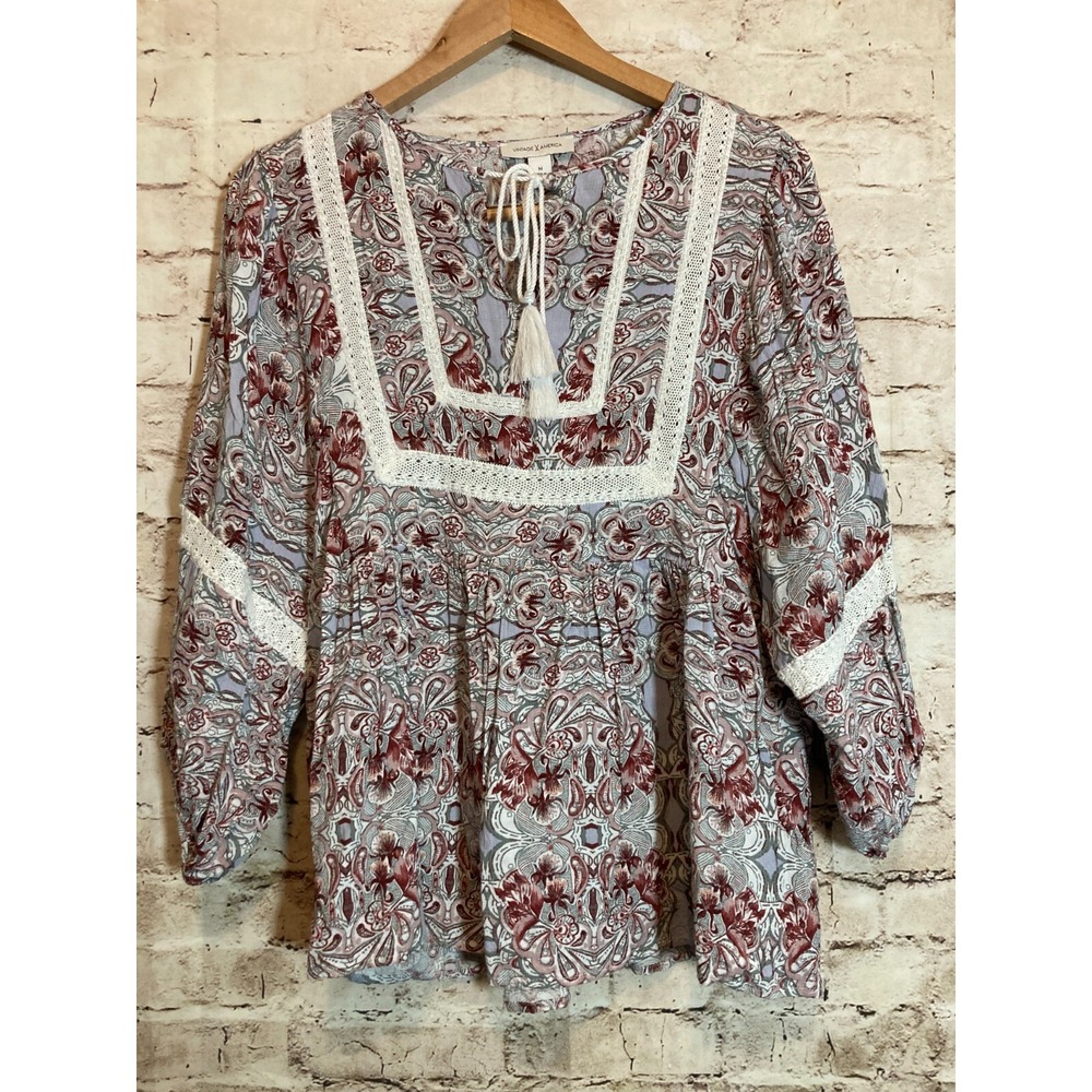 Vintage America Top Womens Medium Gray Paisley Boho HIppie Silver Crochet Trim